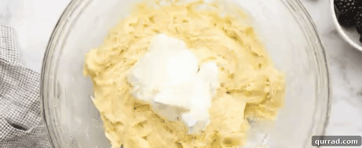Luscious Blackberry Delight 7 Folding in sour cream to the cake batter in a mixing bowl with a spatula.