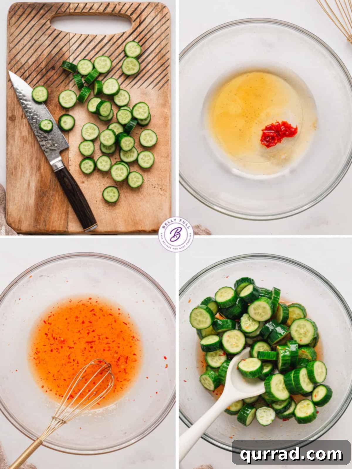 Zesty Asian Cucumber Crunch 4 Four image steps showing the process of making Asian Cucumber Salad, from mixing the marinade to adding cucumbers and chilling.