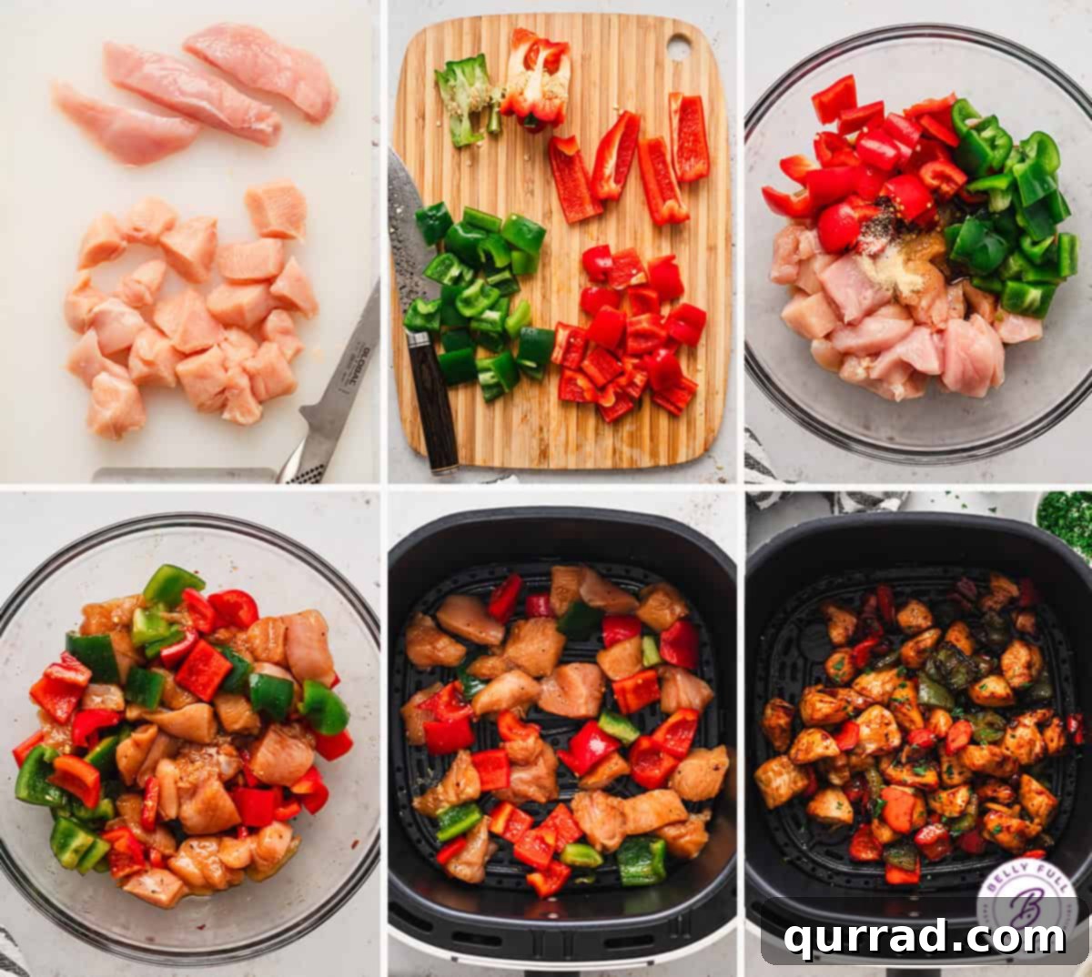 This air fryer chicken and peppers recipe comes together in just 25 minutes! It's savory, sweet, and just the right amount of spicy. Steps to make chicken and peppers in the air fryer.