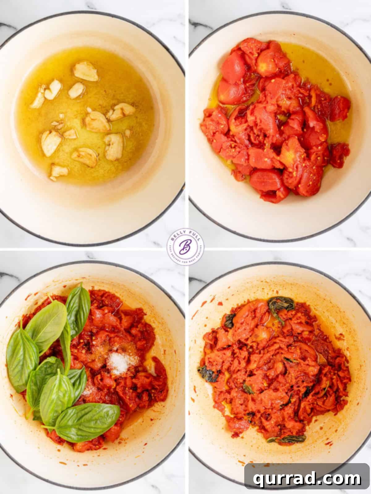 Follow these easy steps to create the perfect Pasta Pomodoro, a simple yet incredibly delicious Italian classic you'll cherish. A series of step-by-step images demonstrating the cooking process for Pasta Pomodoro, from sautéing garlic to simmering tomatoes and adding pasta.