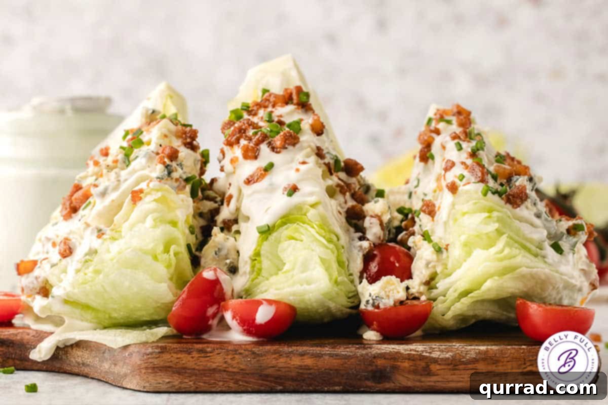 Big Crunch, Big Flavor 8 Three perfectly dressed wedges of iceberg lettuce on white plates, garnished with crispy bacon and fresh chives.