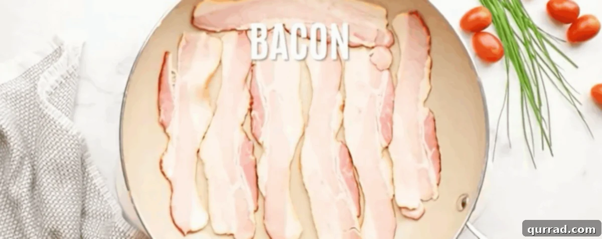 Big Crunch, Big Flavor 4 Raw bacon slices sizzling in a nonstick skillet, beginning to crisp up.