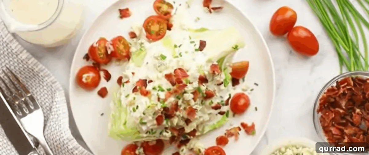 Big Crunch, Big Flavor 7 A single wedge salad meticulously arranged on a white serving plate, topped with dressing, tomatoes, blue cheese, and bacon.