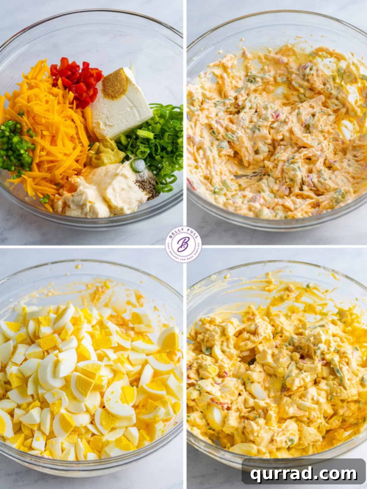 How to Make Pimento Cheese Egg Salad - Step-by-step Process shots showing ingredients for pimento cheese egg salad and the mixing steps.