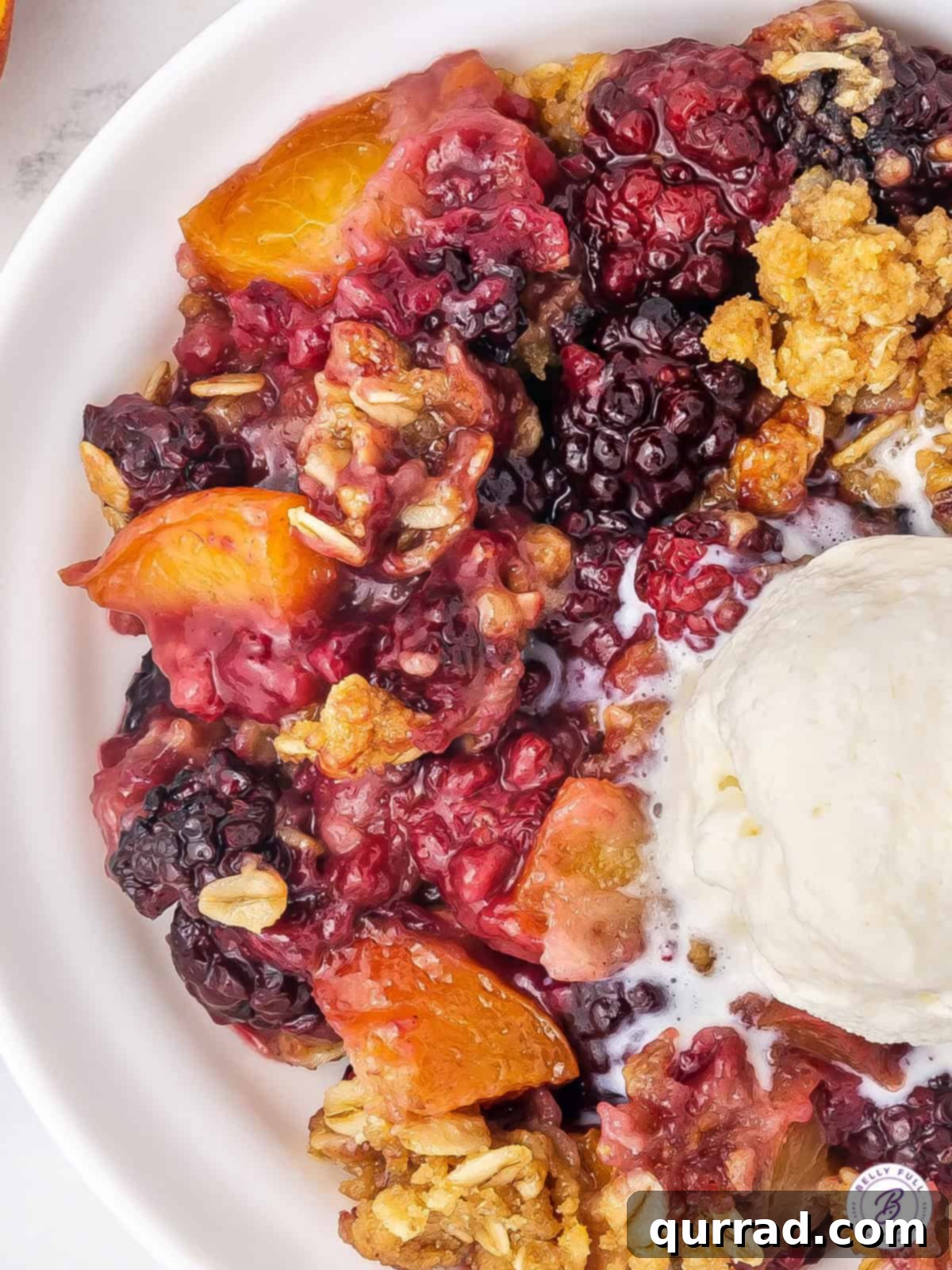 Golden Blackberry Peach Crumble 3 Close up Blackberry-Peach Crisp dessert