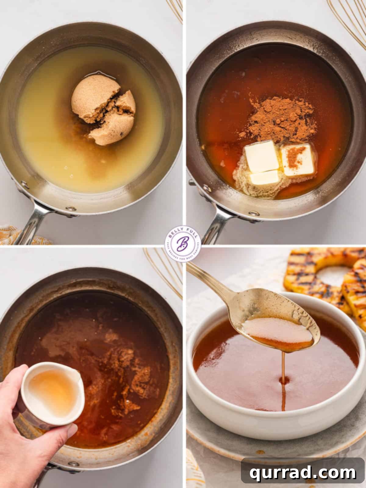 Step-by-step process of crafting sweet and citrusy Pineapple Rum Sauce. A series of three process shots showing the steps to make Pineapple Rum Sauce: simmering juice and sugar, adding butter and spices, and finally adding rum.