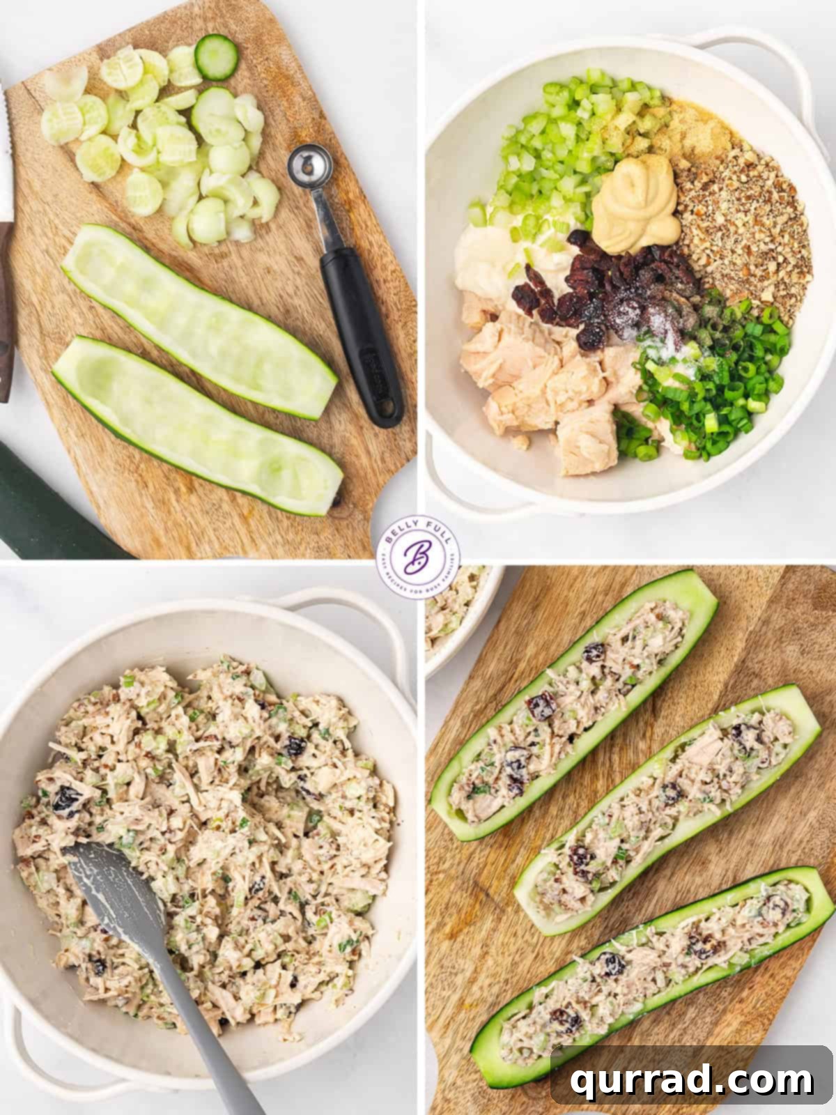 Cool, crunchy, and refreshing, these Chicken Salad Cucumber Boats are a fun and low-carb way to enjoy chicken salad. Easy lunch or snack! Process shots of how to make chicken salad cucumber boats, showing steps from scooping to filling
