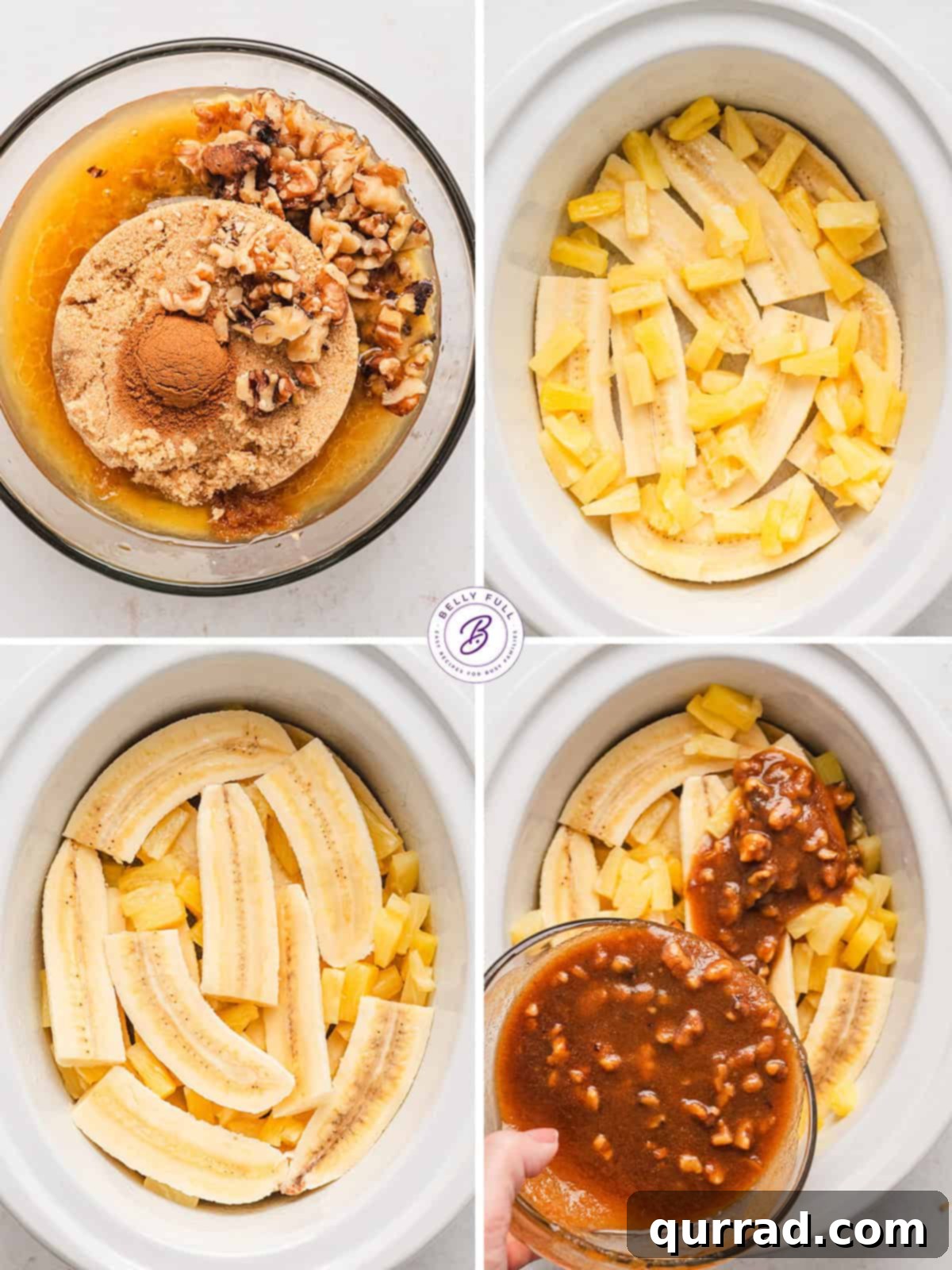 A step-by-step collage showing how to prepare Crockpot Pineapple Bananas Foster.
