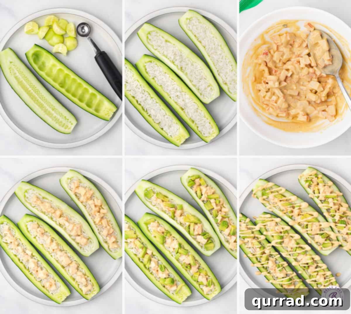 A visual guide to effortlessly creating your own spicy crab cucumber sushi boats at home. Step-by-step process of preparing cucumber sushi boats, showing rice cooking, spicy mayo sauce mixing, and careful hollowing of cucumber halves.