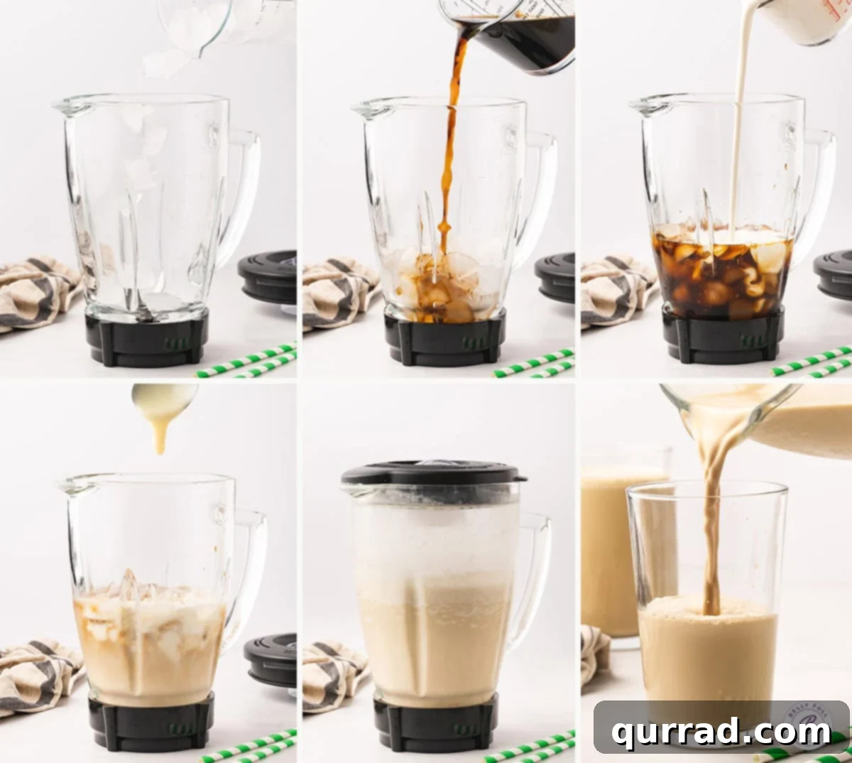 Visual guide on how to prepare the Copycat Starbucks Caramel Frappuccino at home. A collage showing the simple steps to blend a homemade caramel frappuccino: pouring ingredients into a blender, blending until smooth, and serving in a glass.