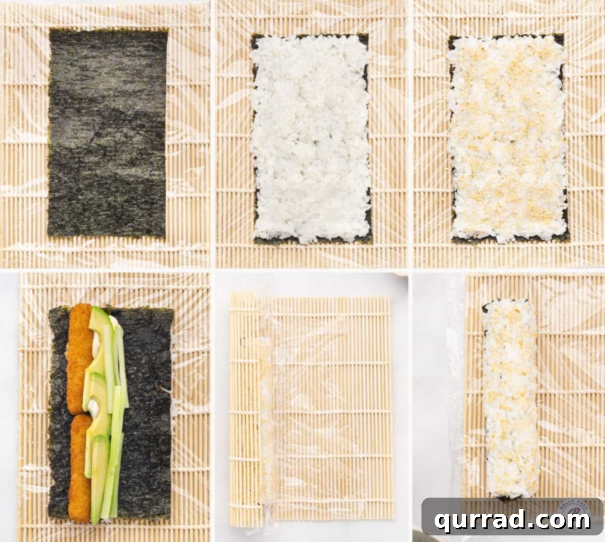 Made with frozen fish sticks, avocado, and cucumber, these Fish Stick Sushi Rolls are a quick, easy, and cheap way to make sushi at home. Process shots of how to make fish finger sushi rolls