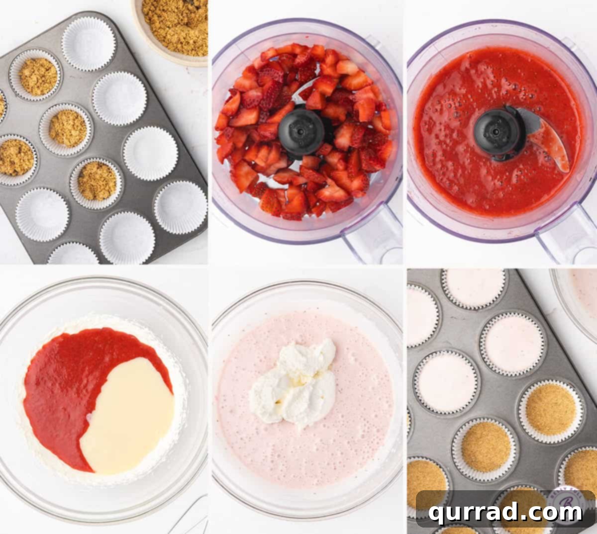 These No Bake Mini Strawberry Cheesecakes are sweet, tart, and irresistible. The filling is smooth, creamy and light, thanks to the Cool Whip. Process shots demonstrating how to prepare the crust, puree strawberries, and mix the filling for no bake mini strawberry cheesecakes.