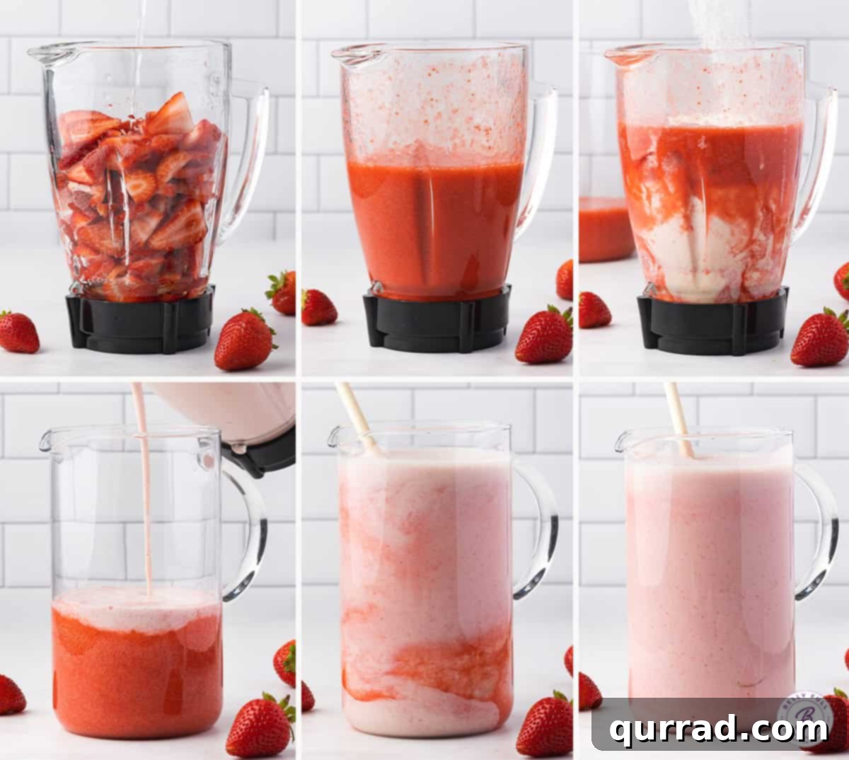 Step-by-Step Guide to Making Creamy Strawberry Agua Fresca A four-panel image showing the step-by-step process of making creamy strawberry agua fresca: from hulled strawberries, to blending, mixing with milks, and the final combined drink.