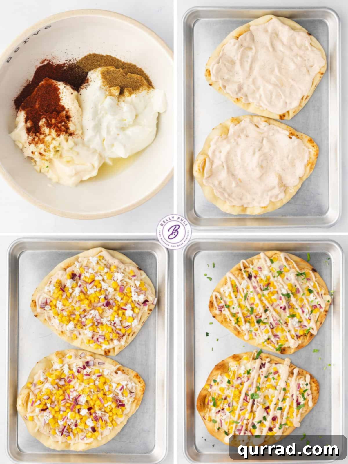 With a seasoned Mexican crema sauce, corn kernels, red onions, and lots of cheese, this Mexican Street Corn Flatbread is a fun appetizer. Process shots of how to make street corn flatbread