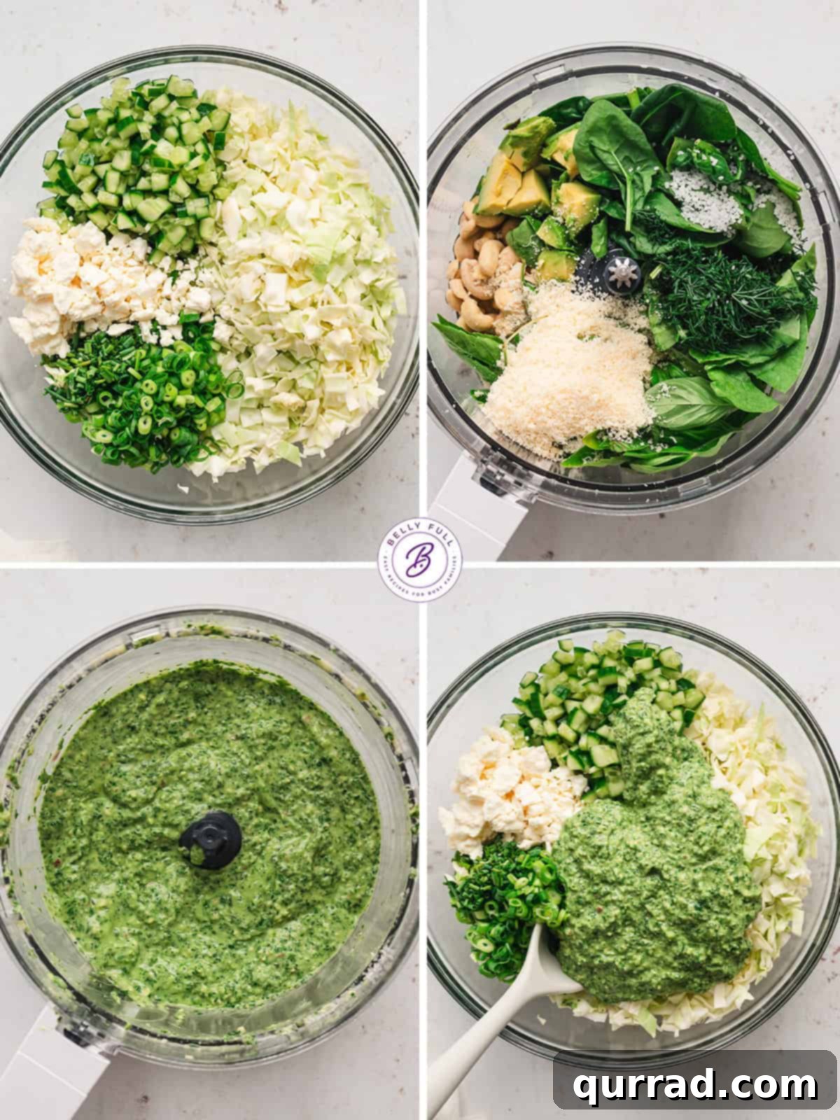 Velvet Green Goddess Salad 4 A four-picture collage demonstrating the step-by-step process of making Green Goddess Salad, from chopping ingredients to mixing and serving
