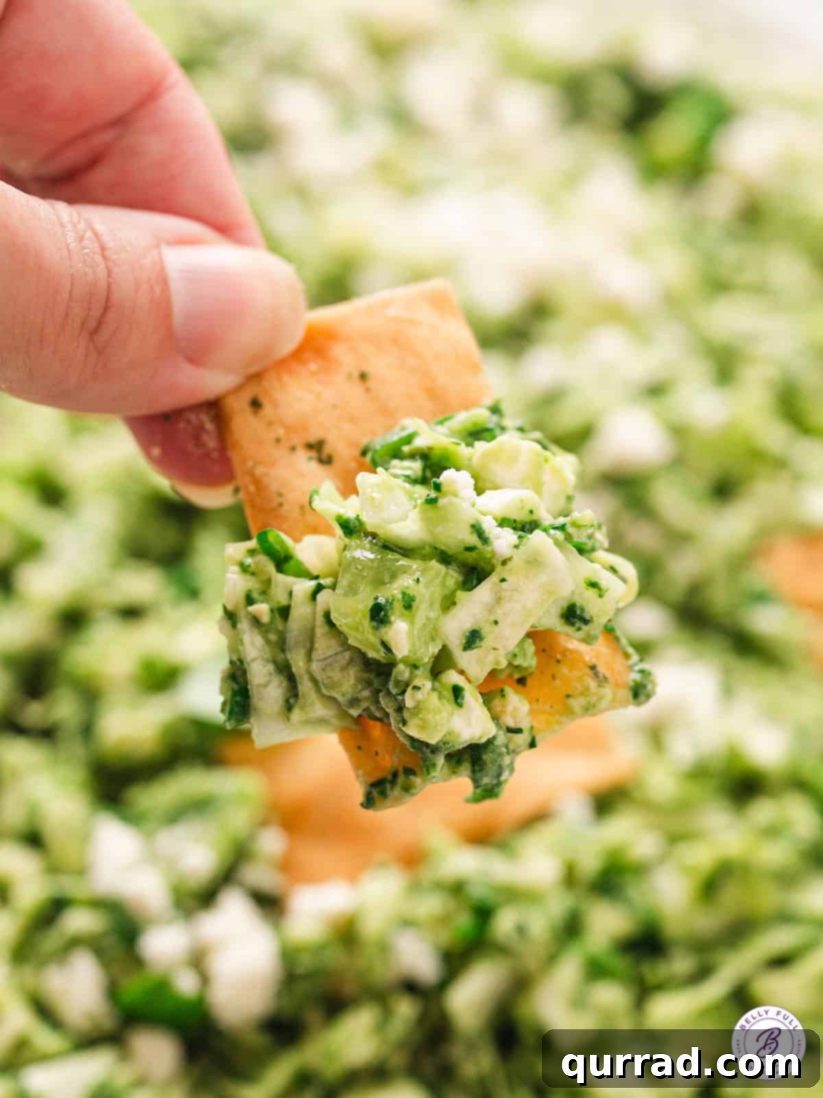 Velvet Green Goddess Salad 5 A close-up of chopped cabbage and cucumber salad scooped onto a chip, showcasing its texture and dip potential