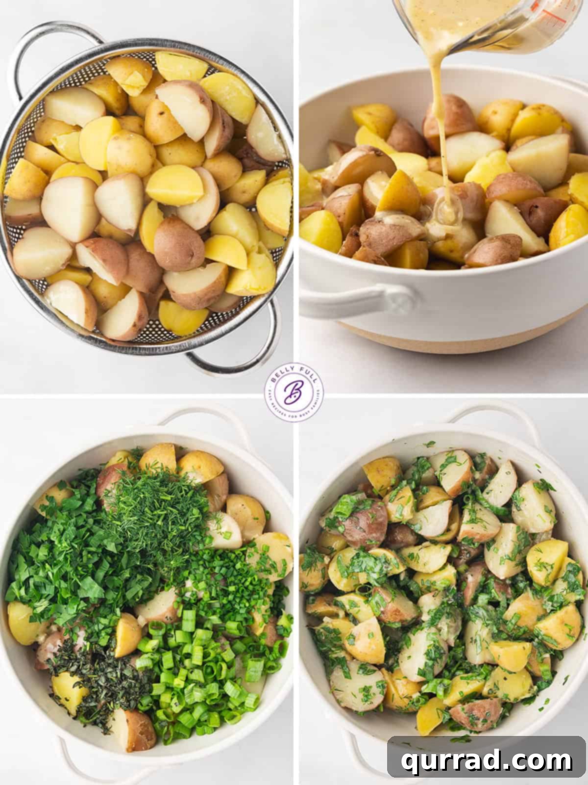 A four-picture collage demonstrating the step-by-step process of making French Potato Salad.