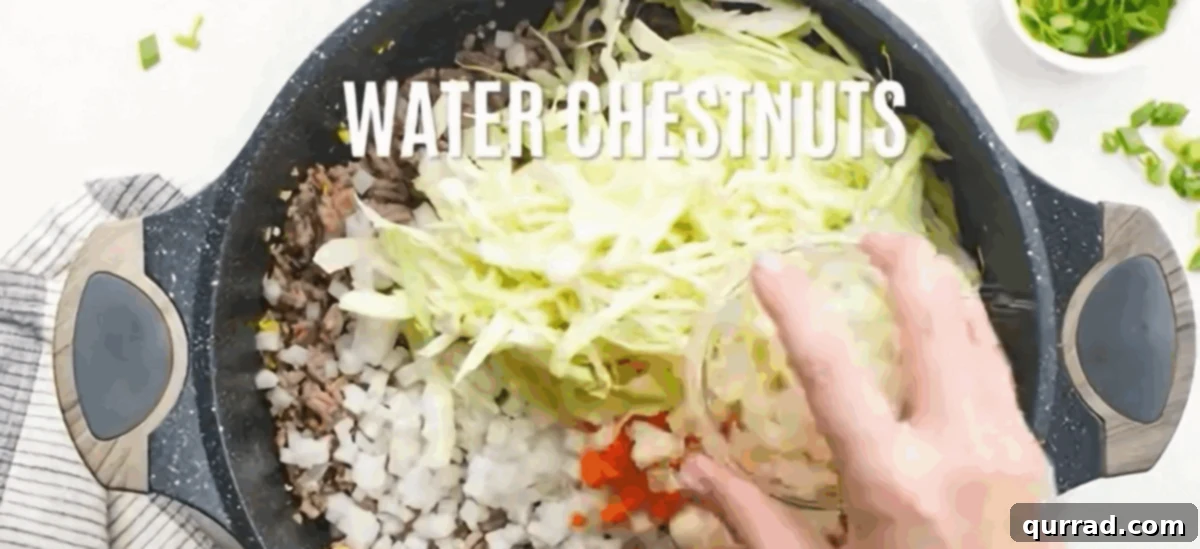 A mix of finely diced onions, carrots, and shredded cabbage being added to the skillet with the cooked ground pork, garlic, and ginger.