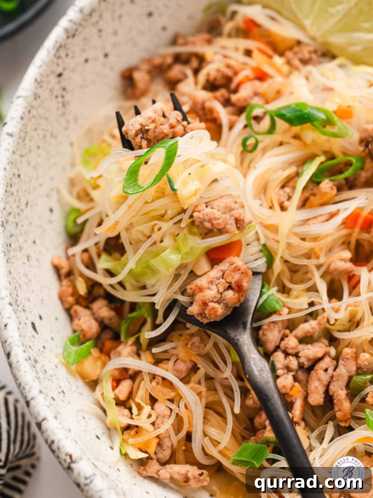 A close-up shot of a fork lifting a generous portion of Filipino Pancit from a bowl, showcasing the rich colors of the noodles, pork, and vegetables.