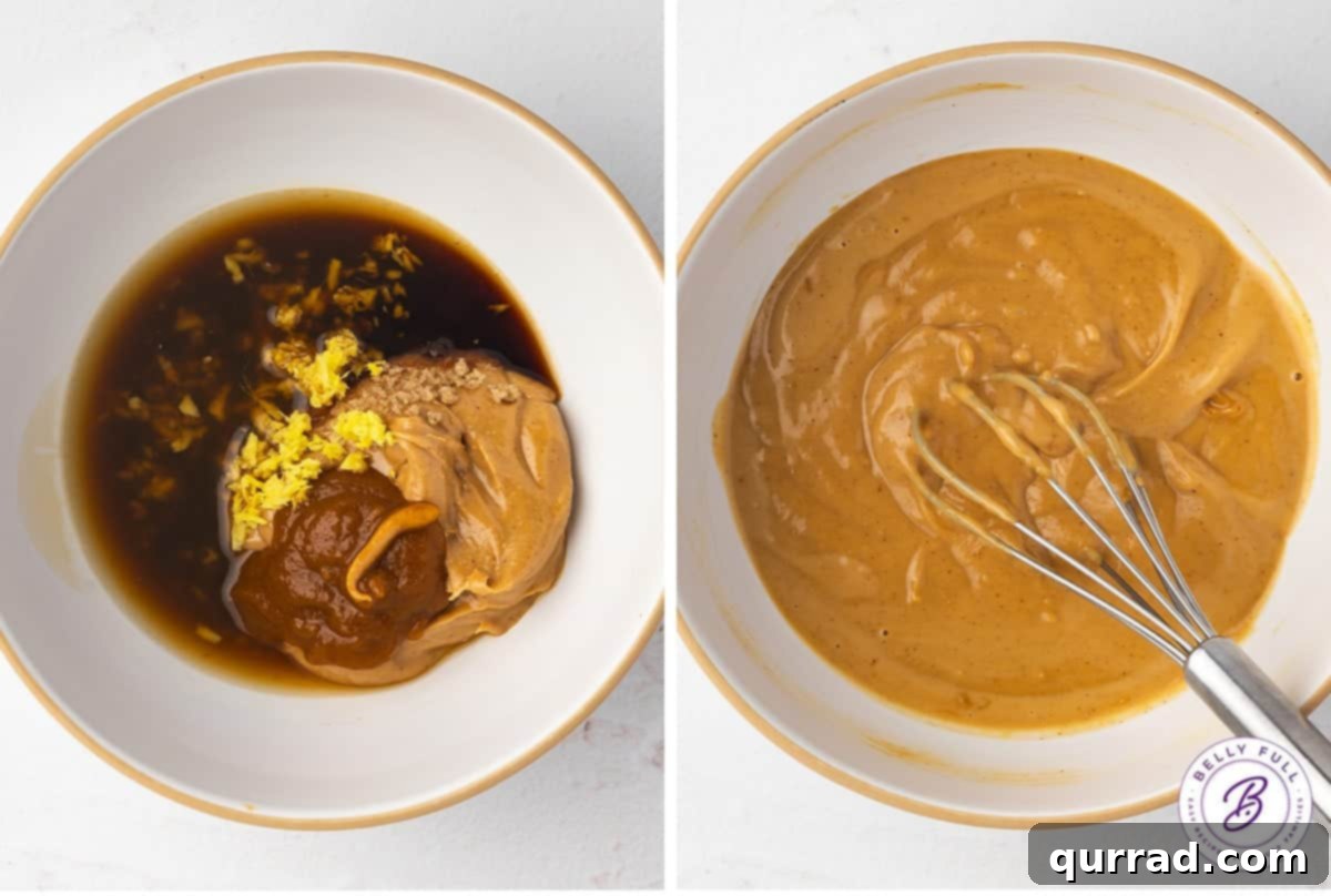 A two-panel image illustrating the simple steps of combining ingredients for peanut sauce.