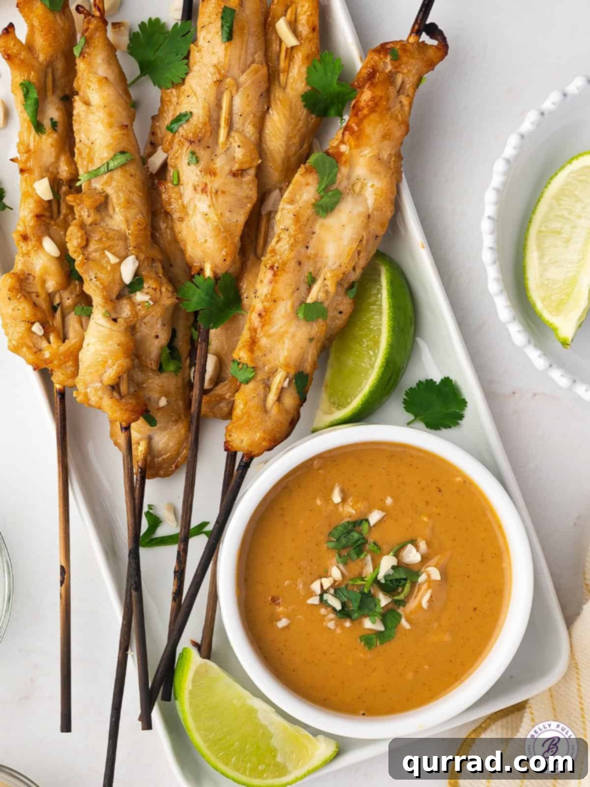 Overhead view of a beautifully arranged plate of chicken alongside a bowl of peanut sauce, showcasing its versatility as a dip.
