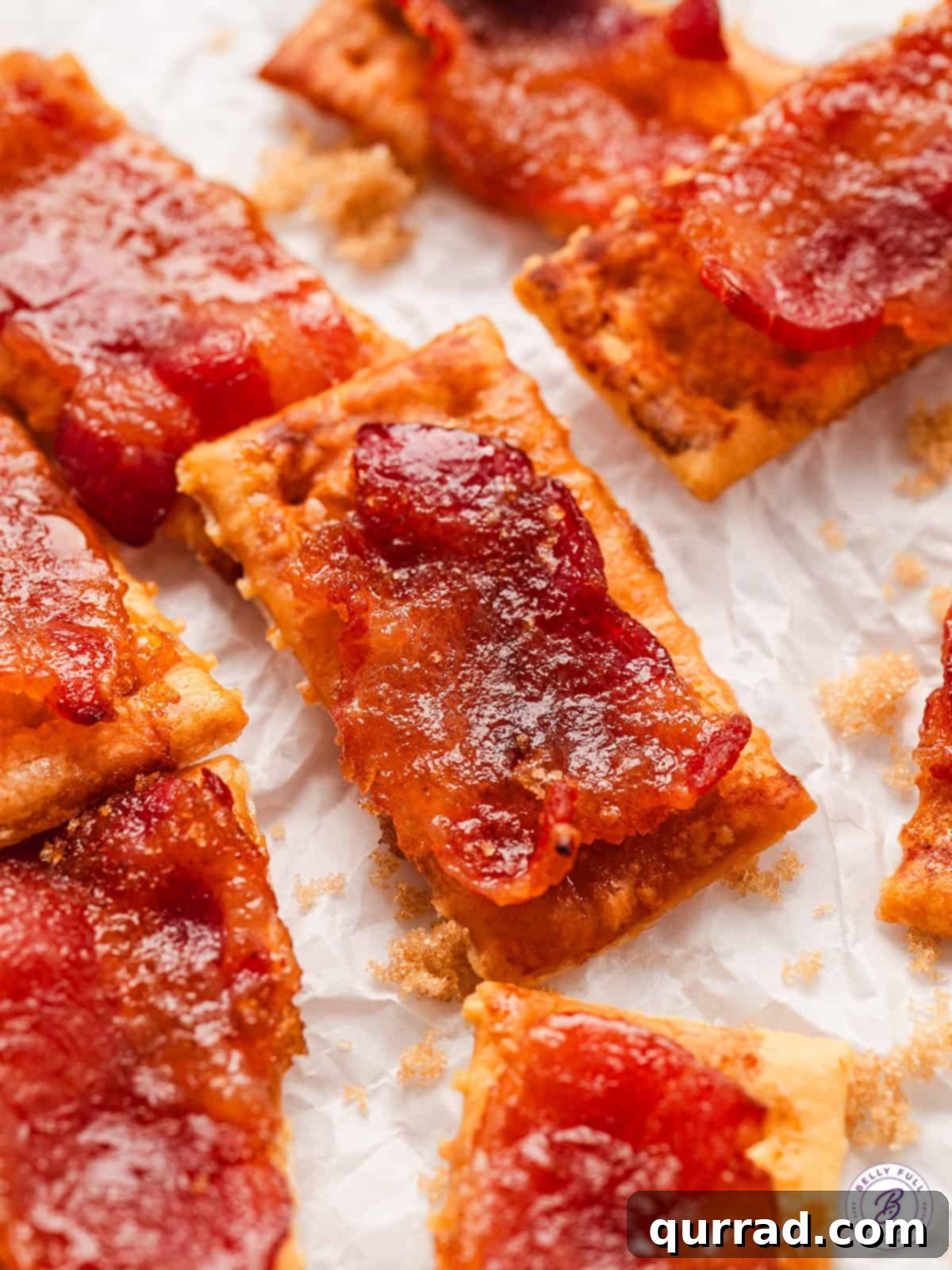 A close-up view of golden-brown candied bacon crackers glistening with caramelized sugar and perfectly crisp bacon pieces.
