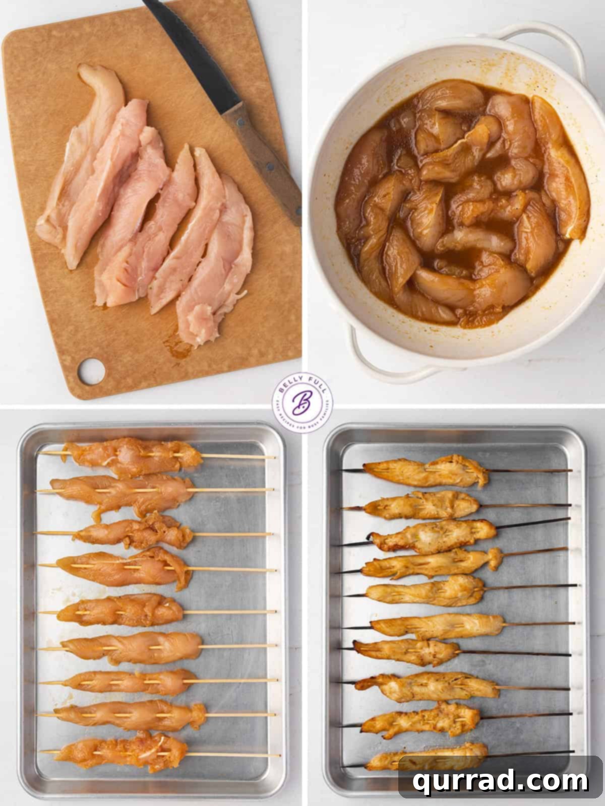 Visual guide to preparing chicken satay, highlighting key marinating and skewering steps. A step-by-step visual guide showing the process of marinating and skewering chicken for satay preparation.