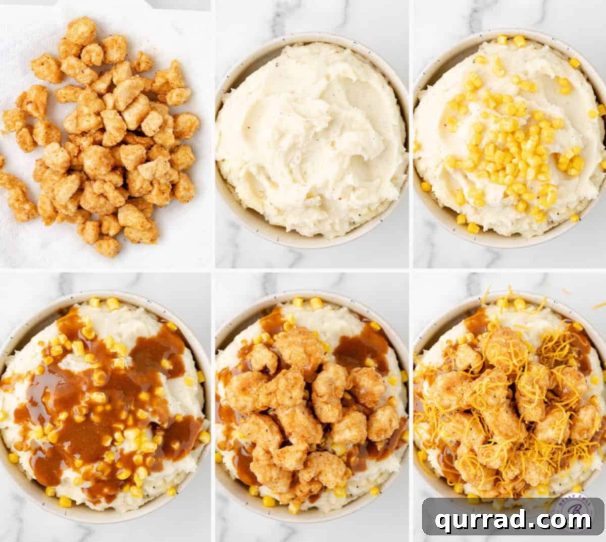 Process shots of how to make KFC mashed potato bowls, showing ingredients separated and then assembled