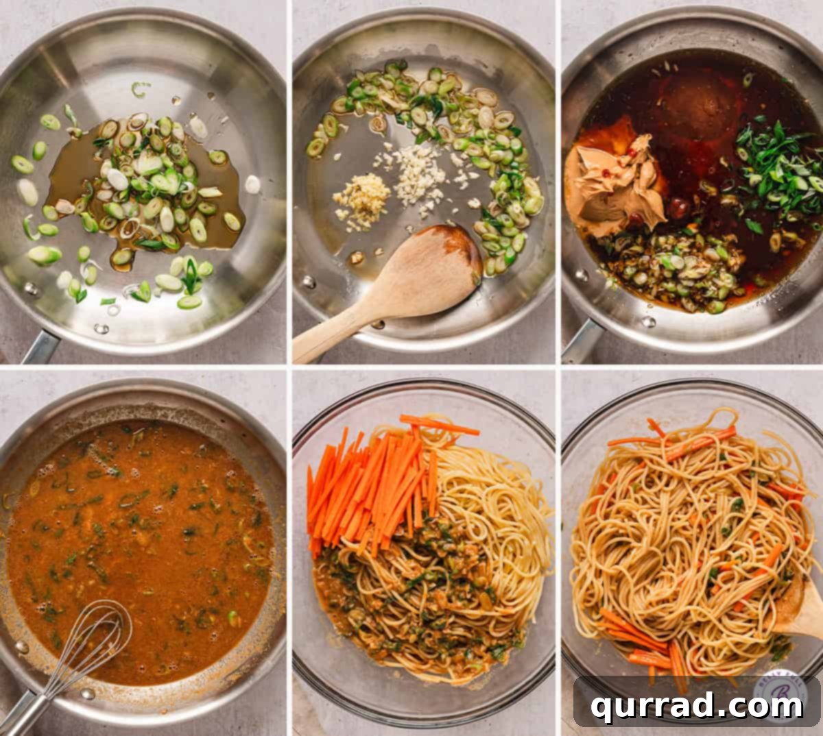 Process shots showing how to cook noodles, make the sauce, and combine for creamy peanut noodles