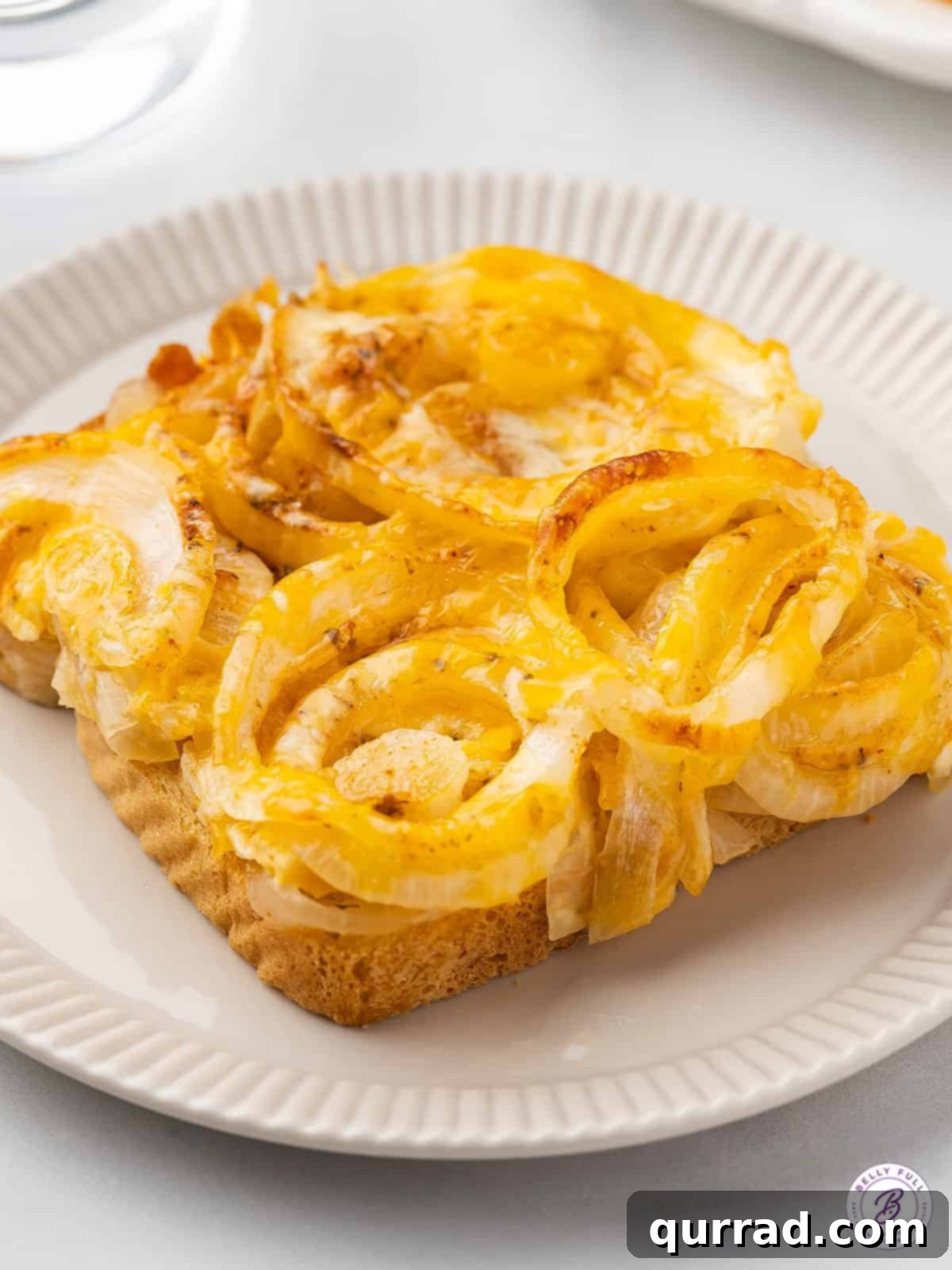 A perfectly cooked serving of Tennessee onions on a white plate, showcasing the melted cheese and tender onions.