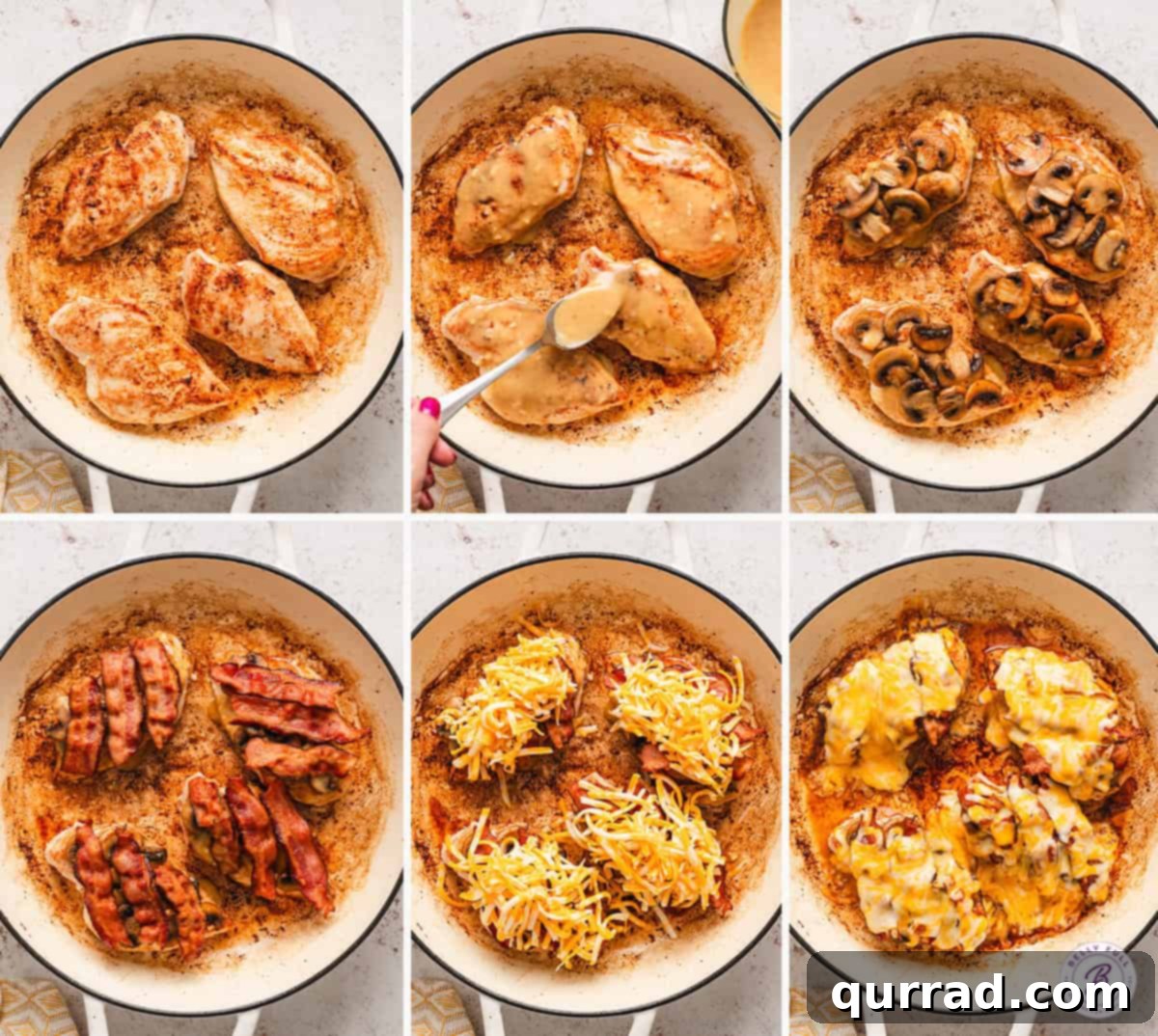 Alice Springs Chicken features juicy chicken breasts topped with a creamy honey mustard sauce, mushrooms, crispy bacon, and cheese. Process shots of how to make Outback Alice Springs chicken at home.