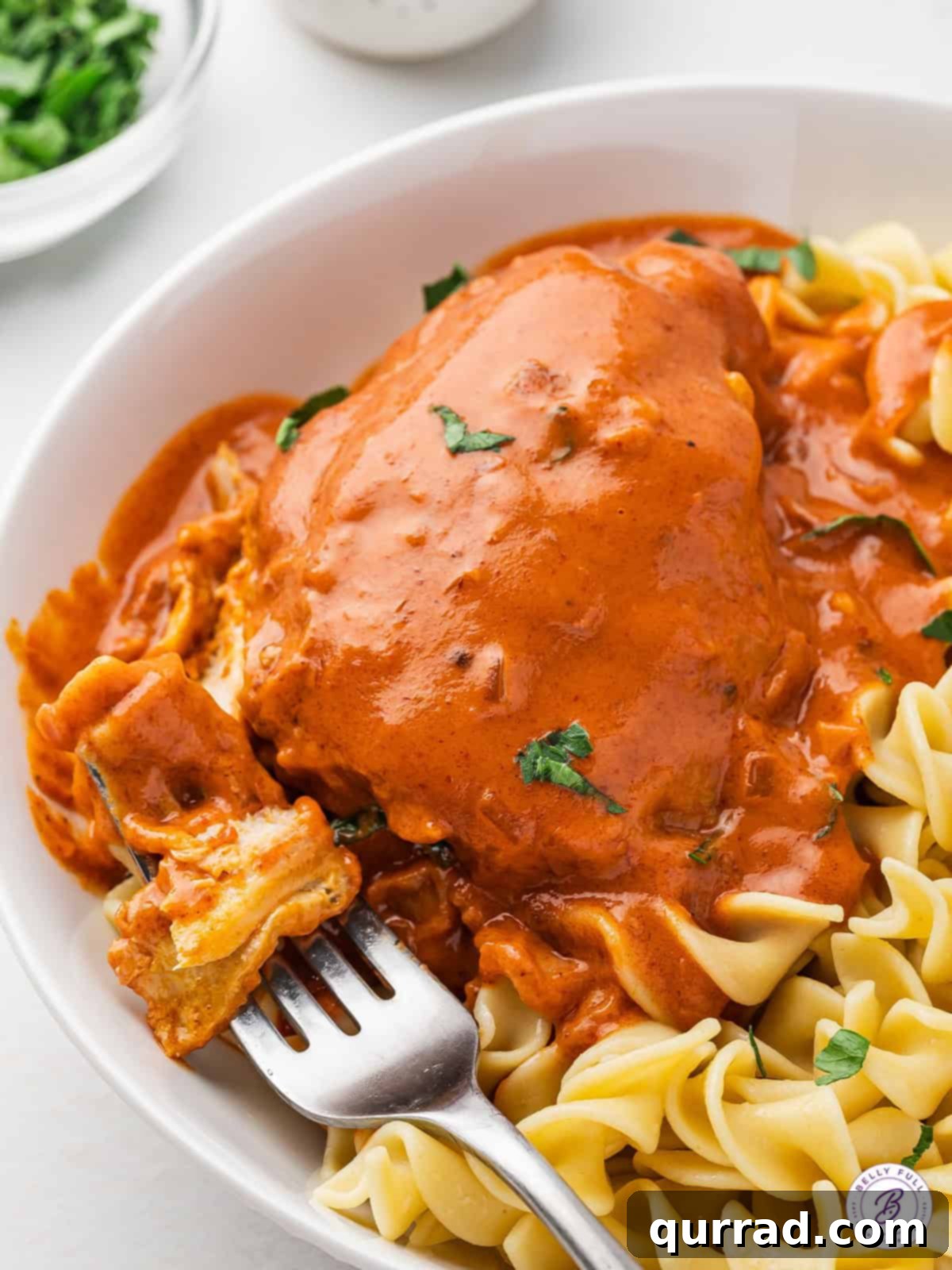 Chicken thighs are simmered in a tomato-based sauce infused with Hungarian paprika in this Chicken Paprikash recipe. Serve over egg noodles. A fork taking a bite from a bowl of chicken paprikash with egg noodles, highlighting the creamy sauce and tender chicken.