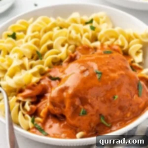 Rich Hungarian Paprika Chicken 2 A bowl of chicken paprikash with egg noodles, garnished with fresh parsley.