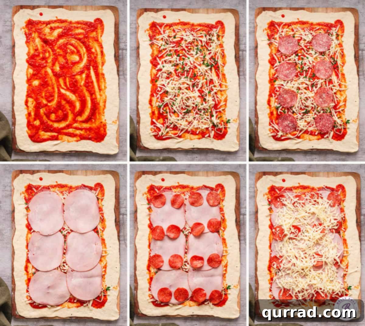 Pizza dough rolled into a rectangle and topped with layers of pizza sauce, pepperoni, salami, ham, and mozzarella cheese, ready to be rolled.
