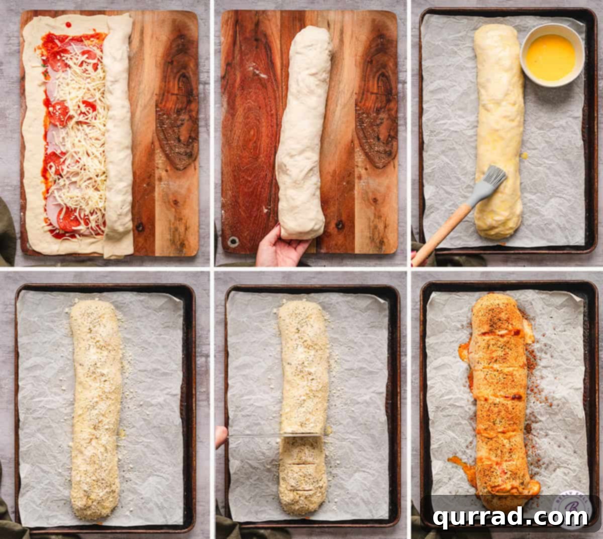 Process shots demonstrating how to roll homemade stromboli, showing the dough being carefully rolled and sealed.