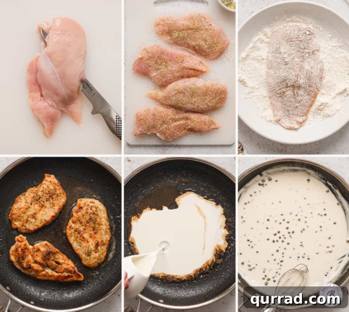 Process shots for Chicken with Caper Cream Sauce A visual guide showing the steps of preparing chicken, seasoning it, searing, and then adding the creamy caper sauce to the pan.