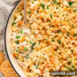 Creamy Chicken Noodle Bake 2 Overhead view of a prepared chicken noodle casserole in a baking dish