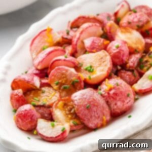 Roasted radishes on a white platter