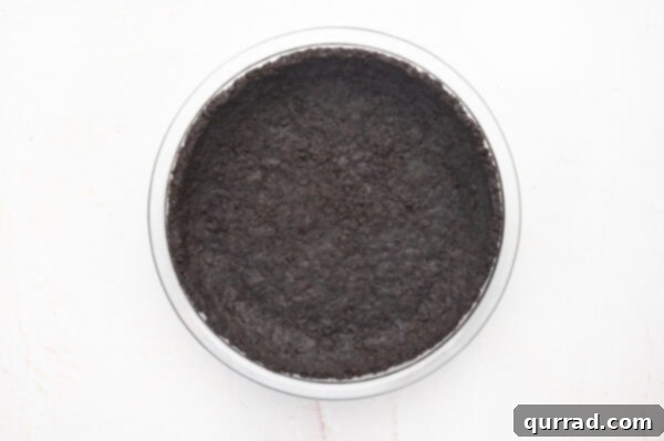 A perfectly formed Oreo crust pressed into a pie pan, ready for filling.