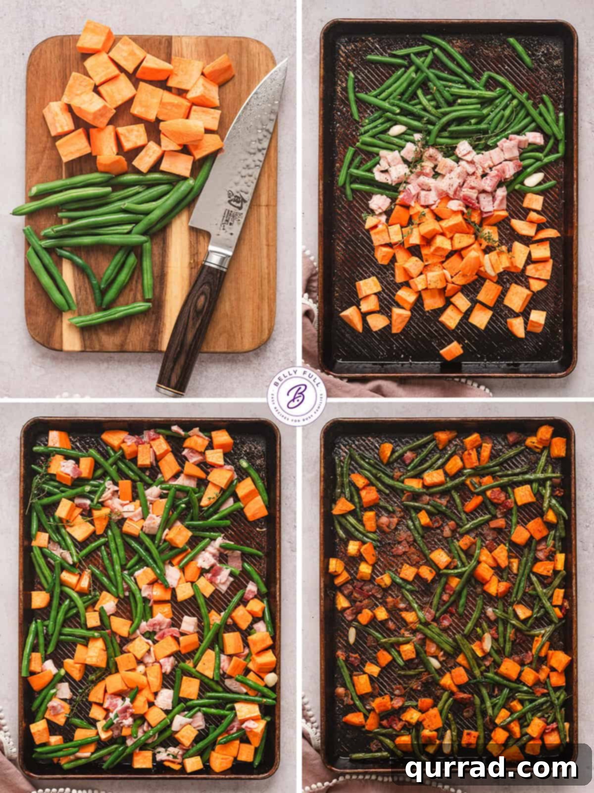 Step-by-step visuals for preparing an Easy Roasted Sweet Potato Supper, highlighting the simple process of combining and roasting ingredients on a single sheet pan. Process shots of how to make roasted sweet potato supper, showing ingredients being tossed on a sheet pan, then roasting in the oven.