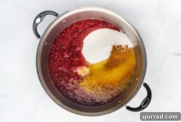 Yuletide Grooves 6 Sugar, orange juice, cinnamon, and salt added to the cranberry and strawberry mixture in a pot.