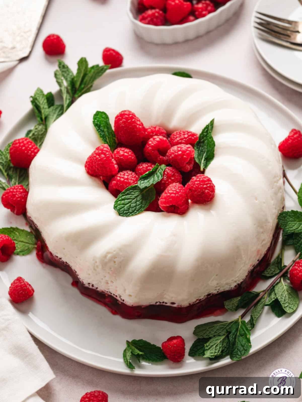 Raspberry jello is topped with a creamy white jello mixture in this Snowy Raspberry Jello recipe. Festive and perfect for the holidays! Overhead view of snowy raspberry jello on a serving platter, showcasing its beautiful two layers and festive appeal.