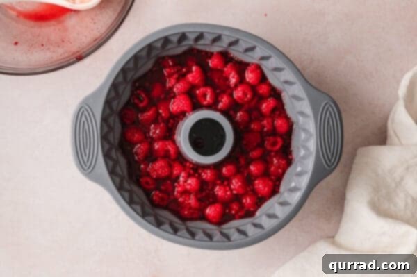 Crimson Snowcap Gelatin 9 Raspberry jello with raspberries poured into a jello mold