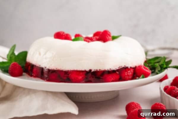 Crimson Snowcap Gelatin 10 Snowy raspberry jello mold on a serving playyer