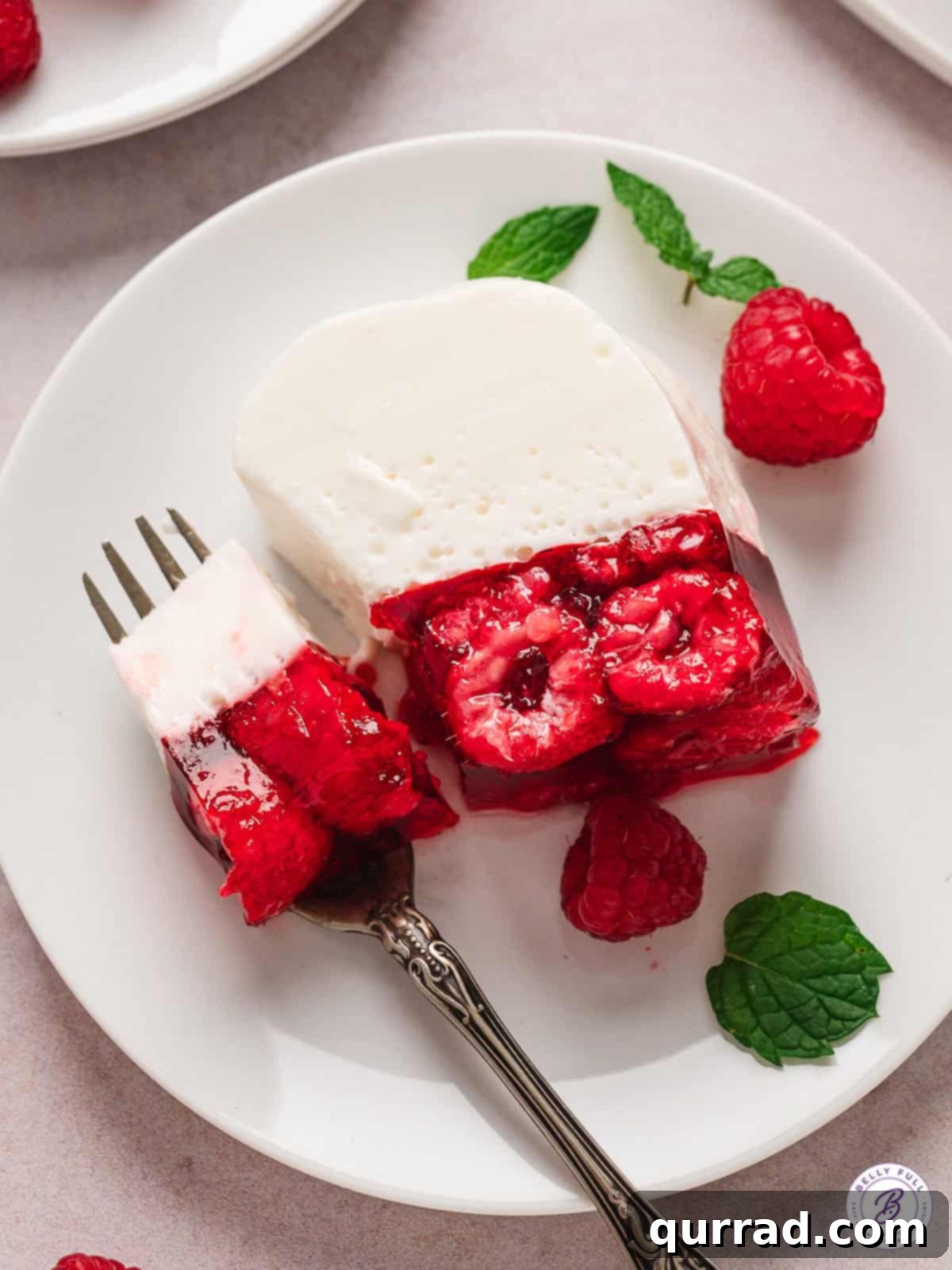 Raspberry jello is topped with a creamy white jello mixture in this Snowy Raspberry Jello recipe. Festive and perfect for the holidays! A slice of snowy raspberry gelatin mold on its side to show the perfectly distinct two layers.