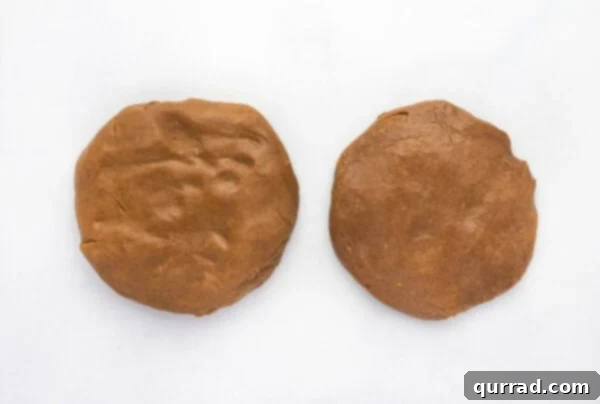 Two neatly shaped disks of gingerbread cookie dough, ready for chilling.