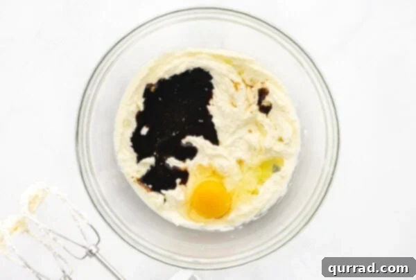 Vanilla extract, molasses, and eggs added to creamed butter and sugar mixture in a glass mixing bowl, before blending.