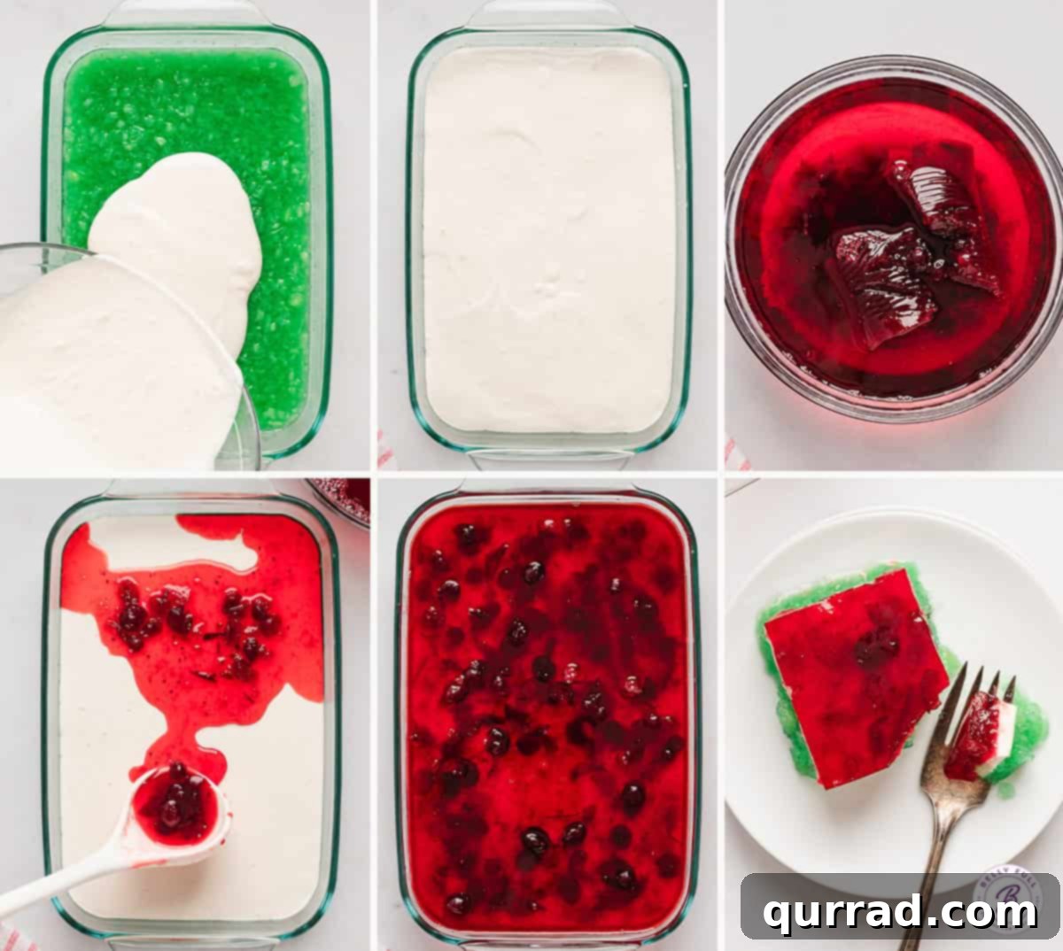 Assembling the White and Red Jello Layers Process shots illustrating the pouring of the white gelatin layer and the final red jello layer with cranberry sauce.
