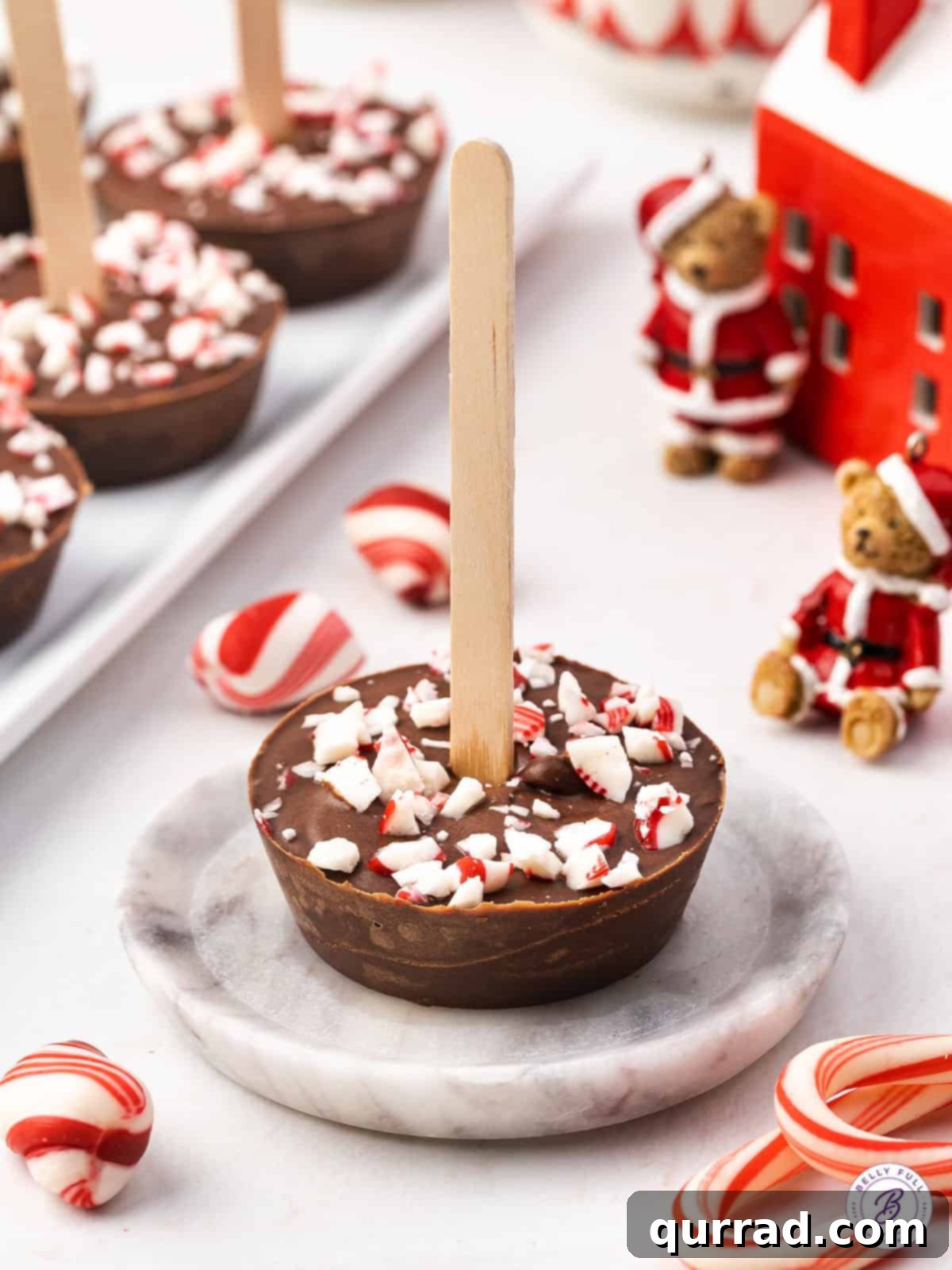 A hot chocolate on a stick on a plate, ready to be enjoyed.