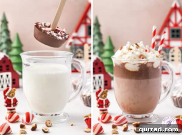 A hot chocolate on a stick being added to hot milk on the left and a photo of the finished hot chocolate on the right.